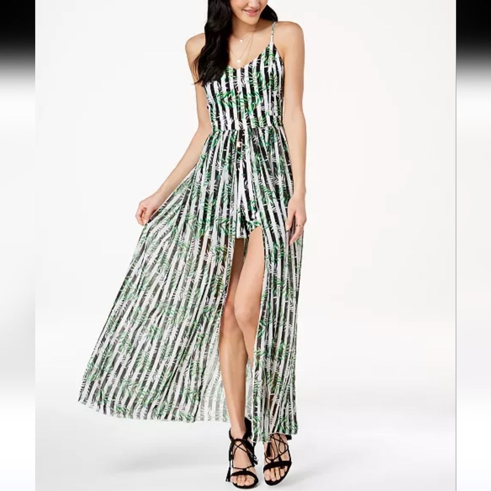XOXO Black & White Striped Leafy Printed Romper With Chiffon Overlay Size L